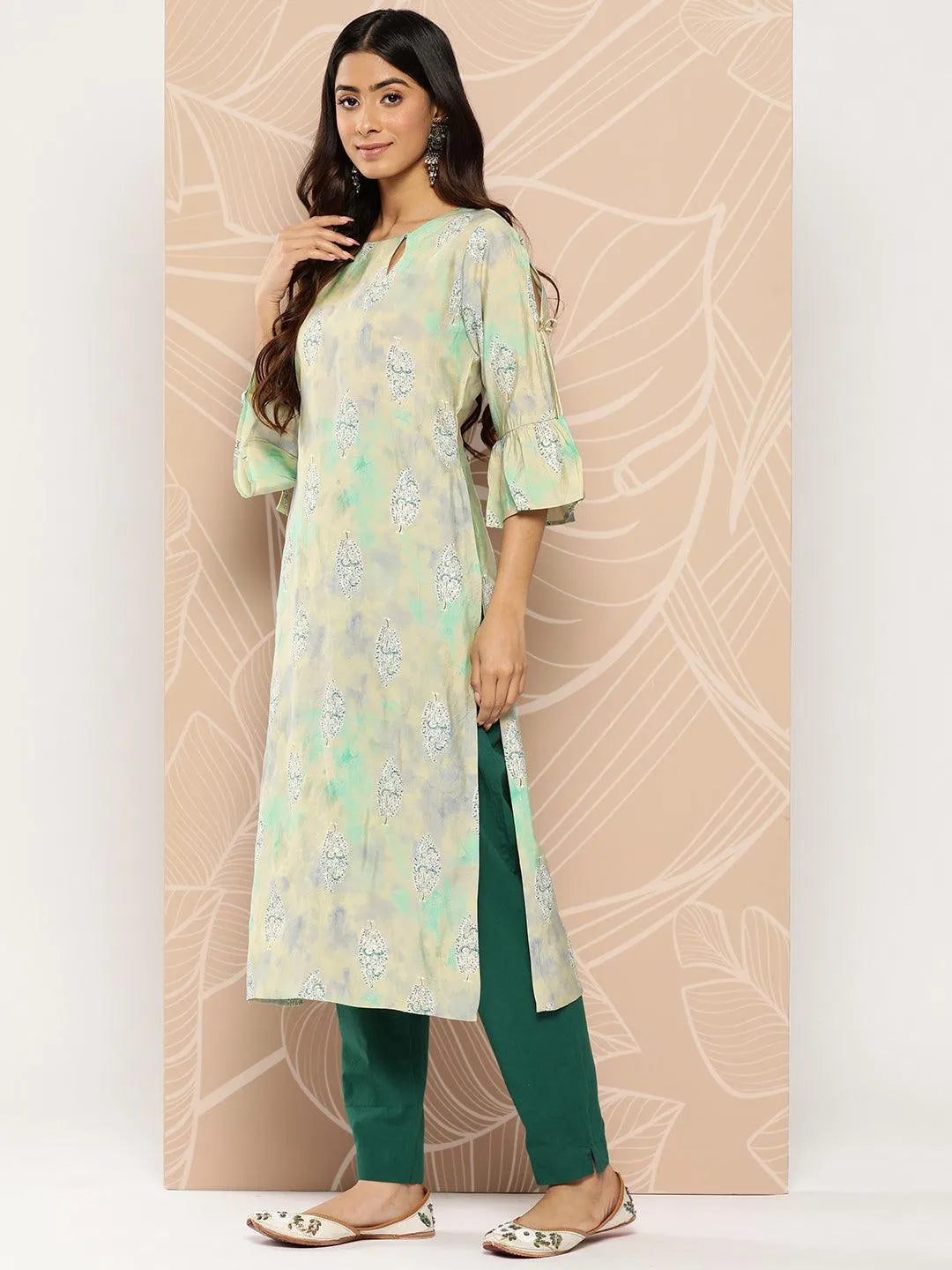 Green Printed Silk Straight Kurta - Libas 