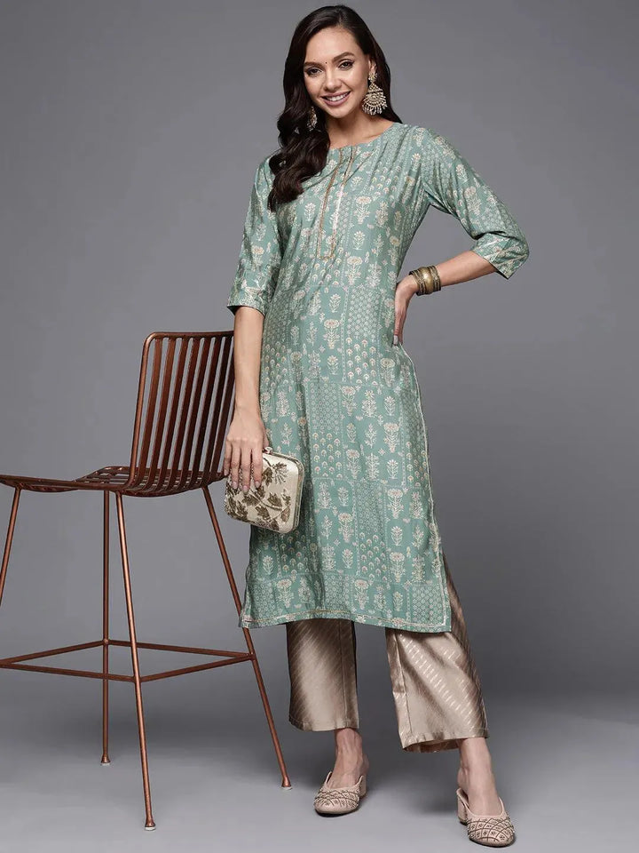 Green Printed Silk Straight Kurta - Libas
