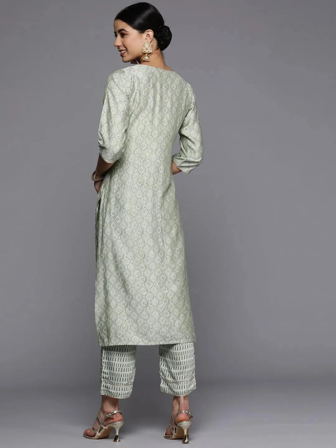 Green Printed Silk Straight Kurta - Libas