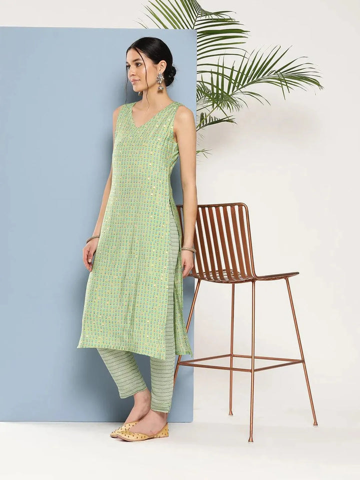 Green Printed Silk Straight Kurta - Libas