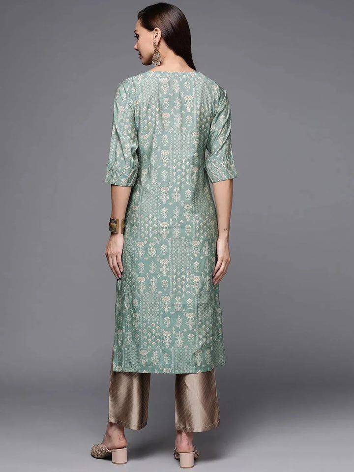 Green Printed Silk Straight Kurta - Libas