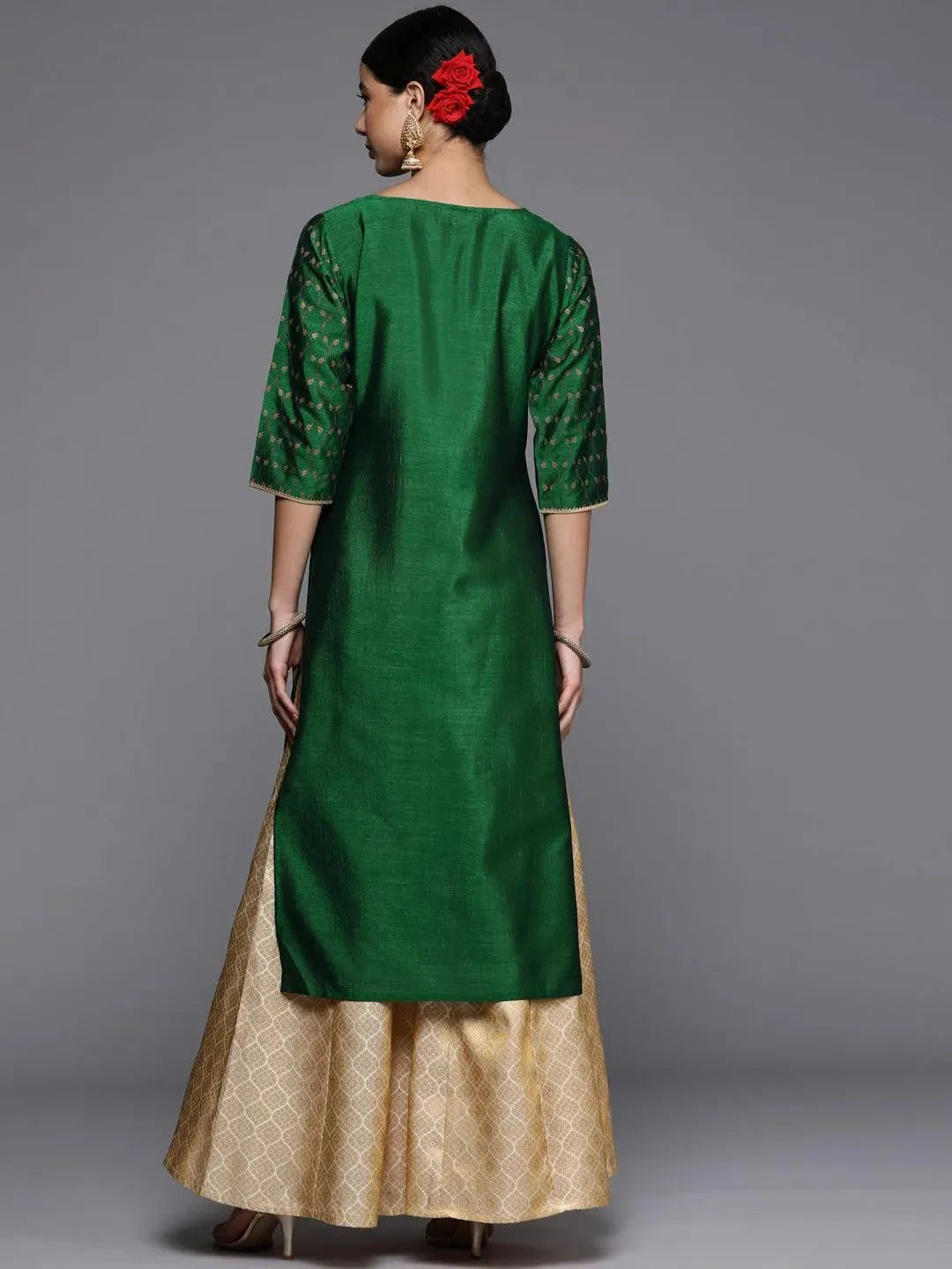 Green Printed Silk Straight Kurta - Libas