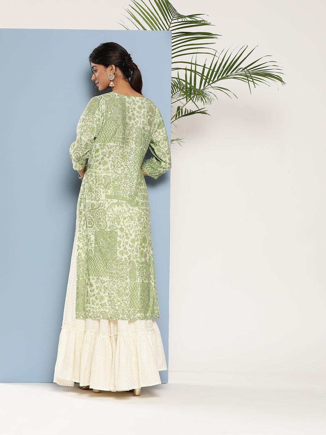 Green Printed Silk Straight Kurta - Libas