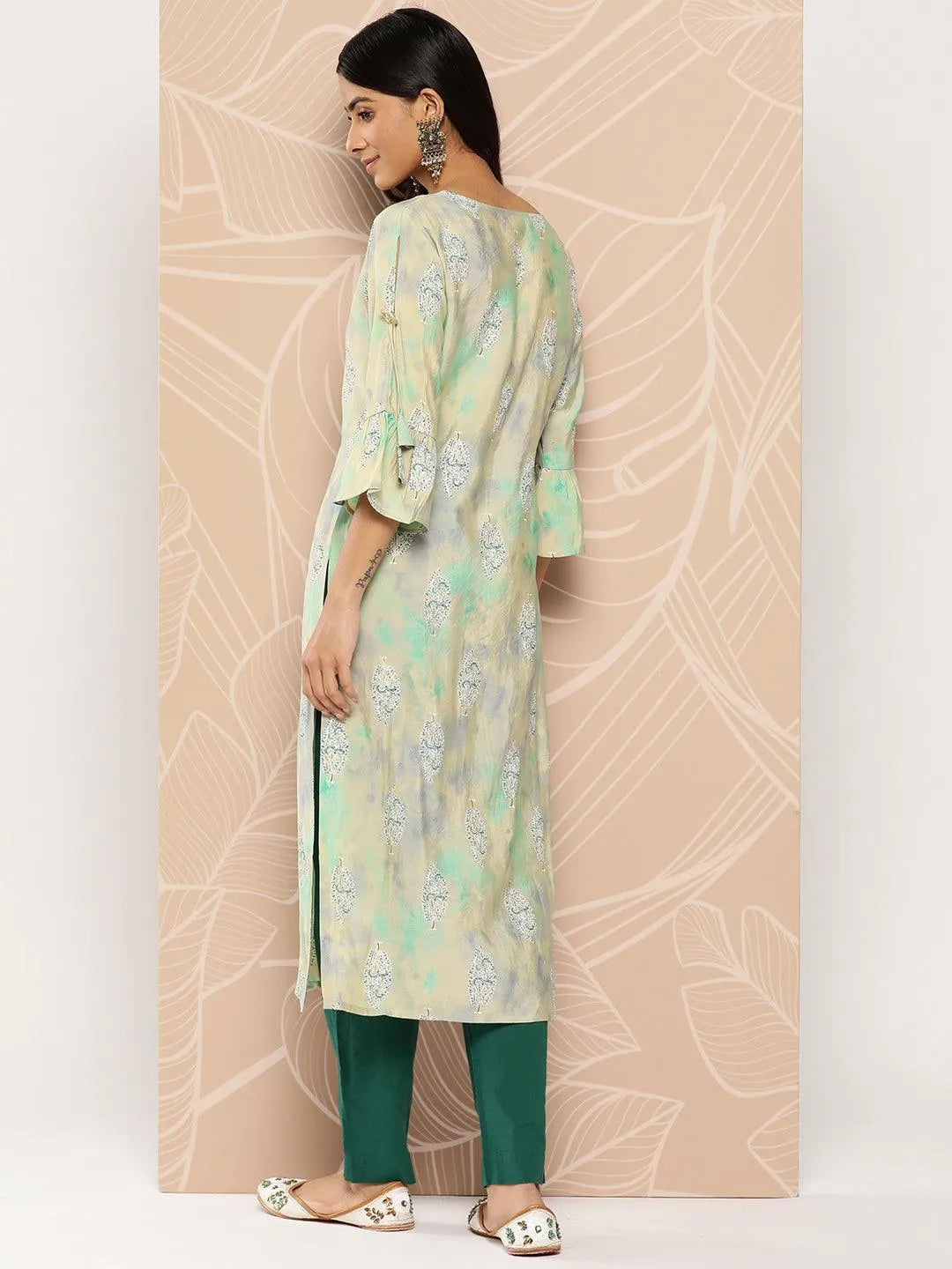 Green Printed Silk Straight Kurta - Libas 