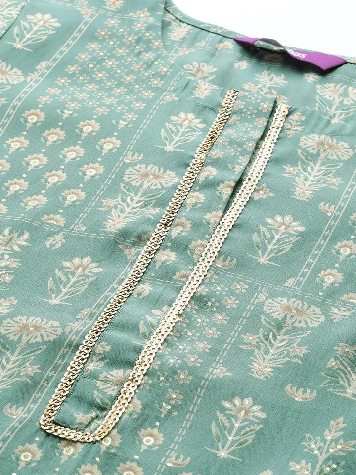 Green Printed Silk Straight Kurta - Libas