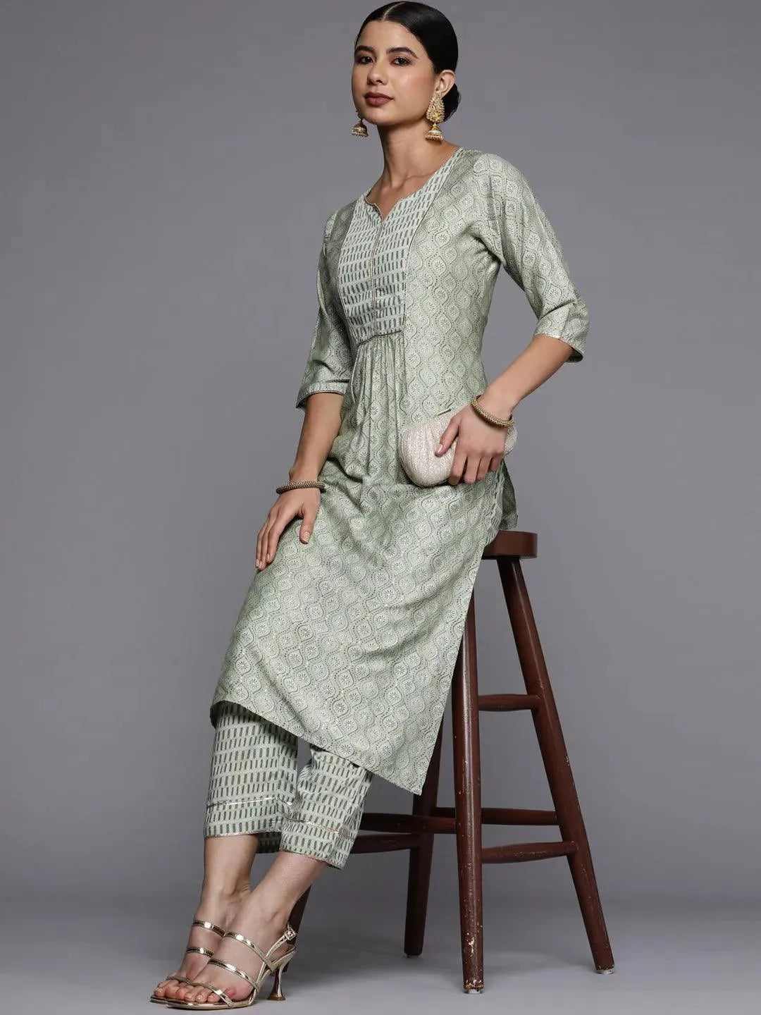 Green Printed Silk Straight Kurta - Libas 