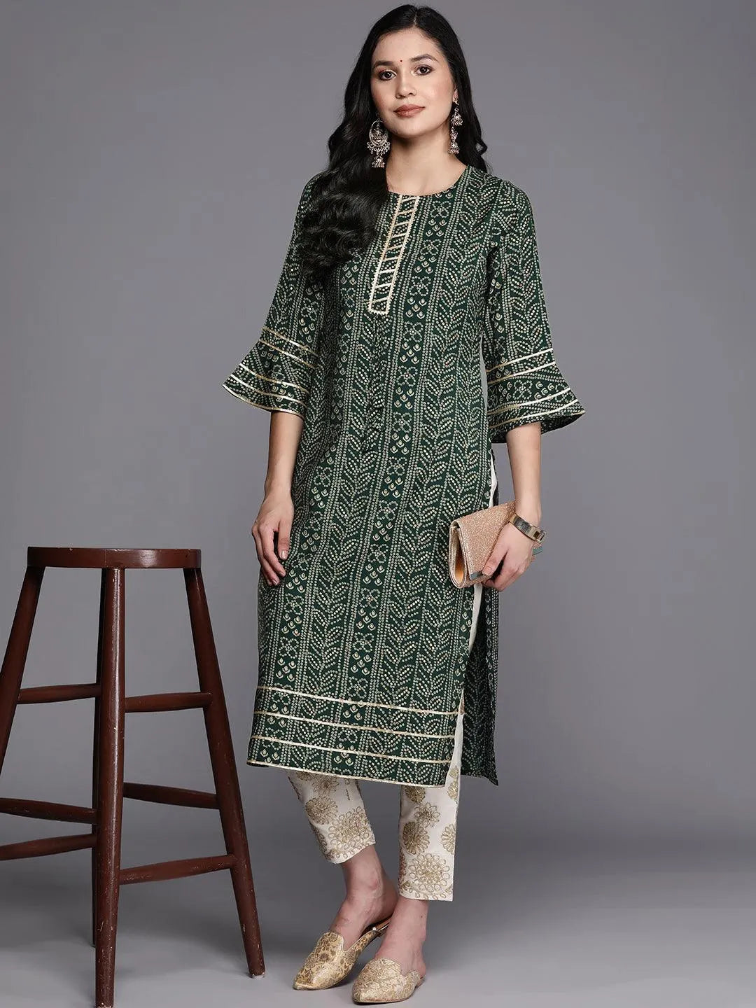 Green Printed Silk Straight Kurta - Libas