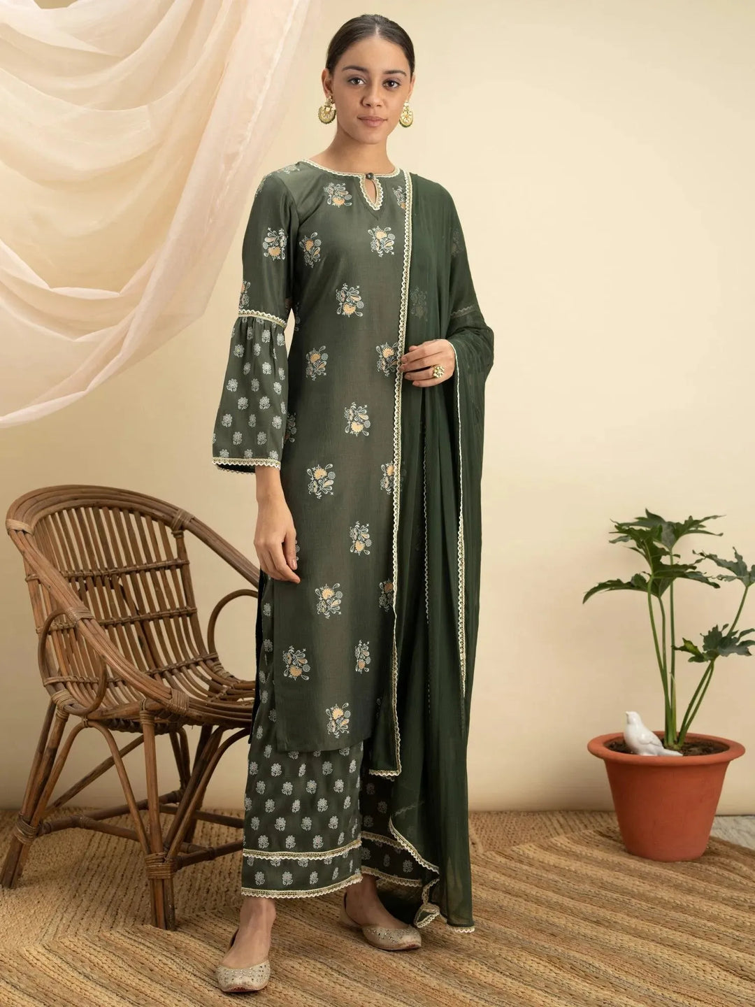 Green Printed Silk Straight Suit Set - Libas 