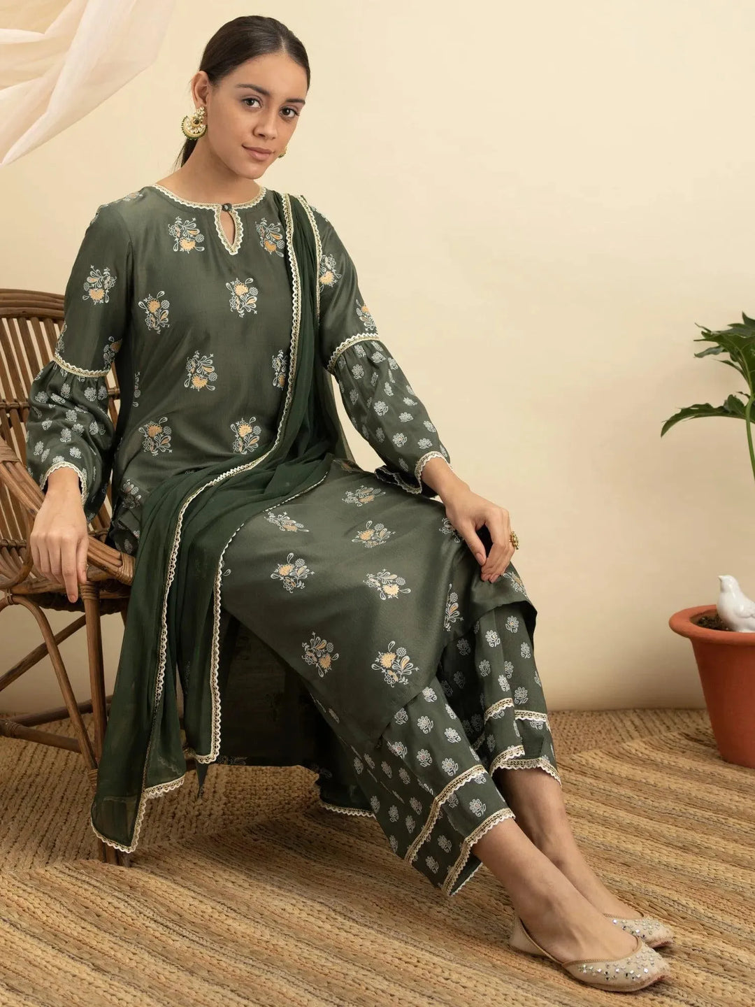 Green Printed Silk Straight Suit Set - Libas