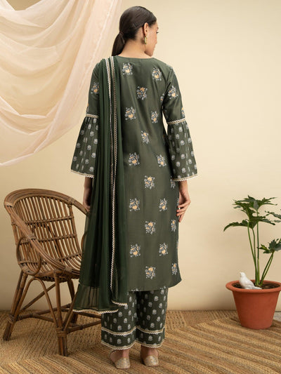Green Printed Silk Straight Suit Set - Libas