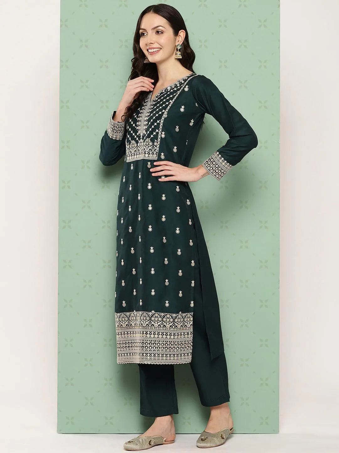 Green Printed Silk Straight Kurta With Trousers & Dupatta - Libas 