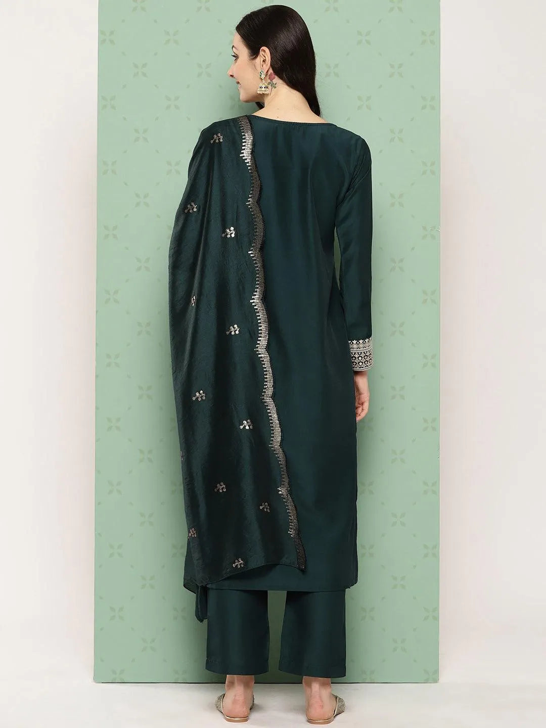 Green Printed Silk Straight Kurta With Trousers & Dupatta - Libas 