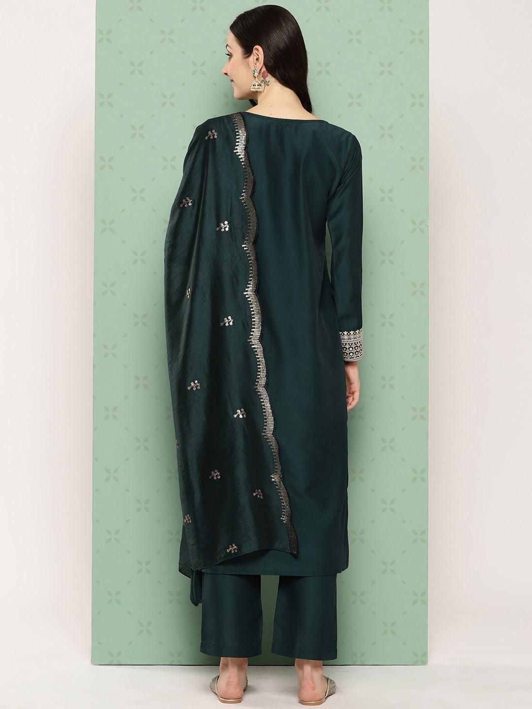 Green Printed Silk Straight Kurta With Trousers & Dupatta - Libas