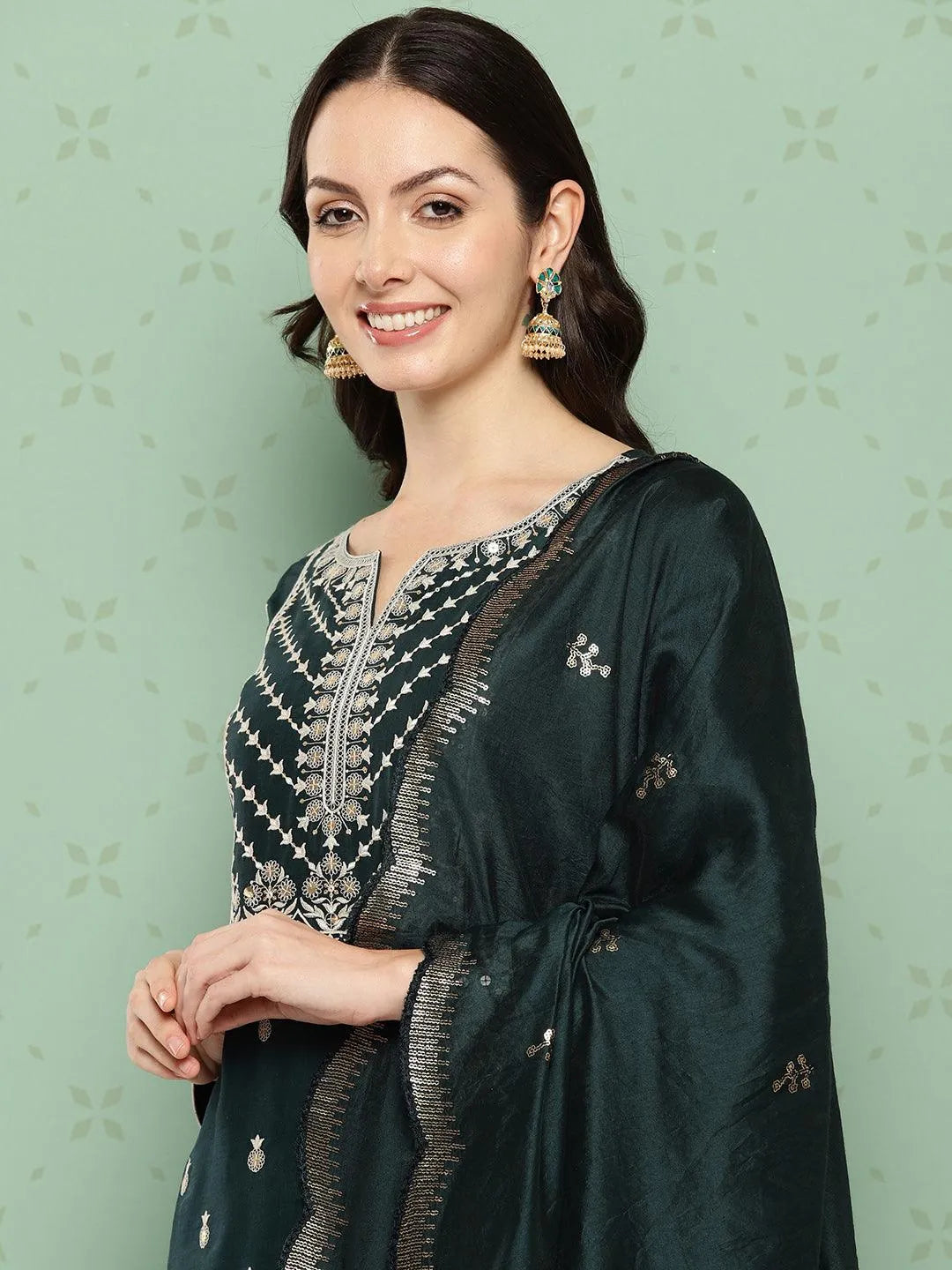 Green Printed Silk Straight Kurta With Trousers & Dupatta - Libas 