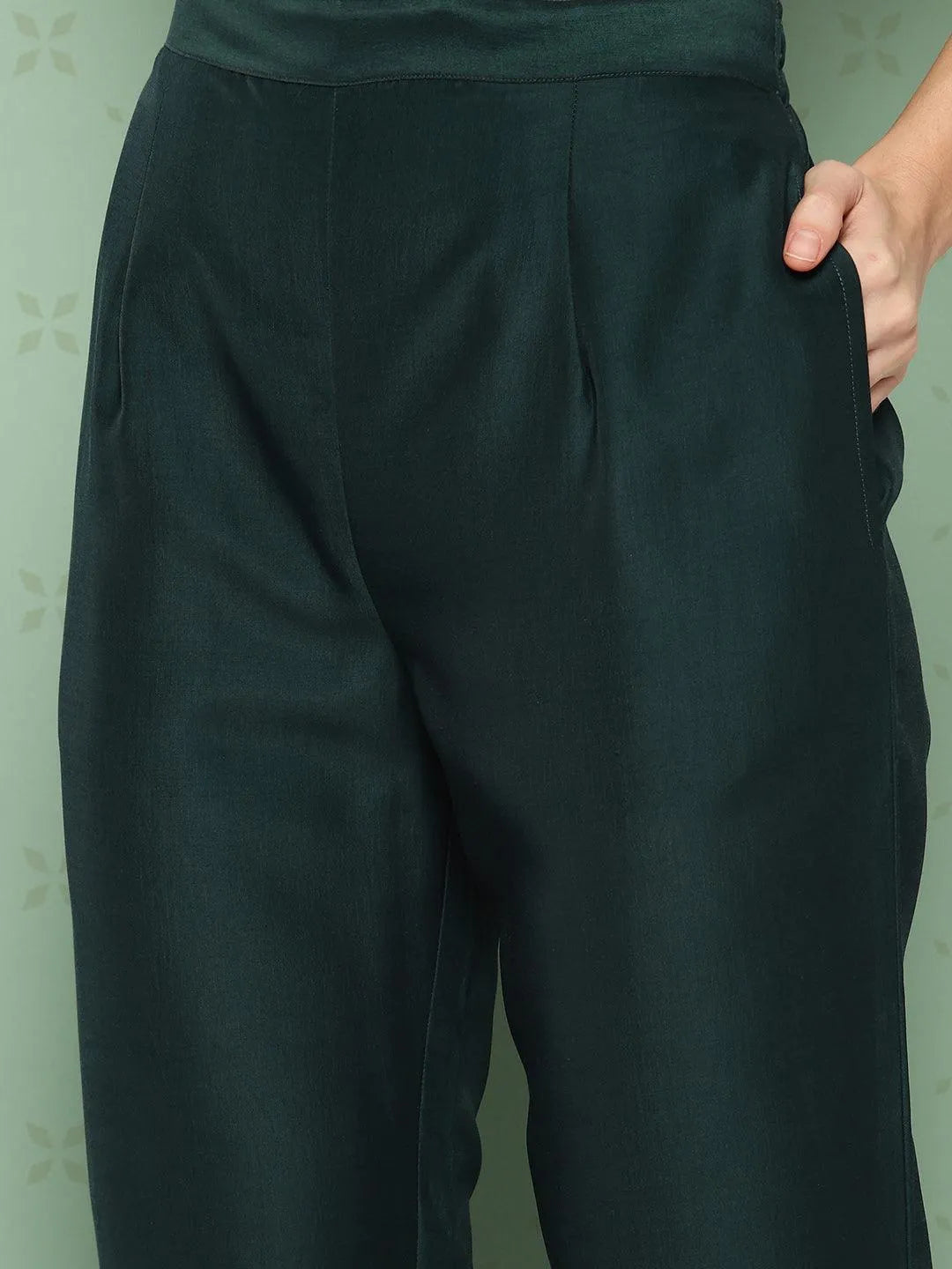 Green Printed Silk Straight Kurta With Trousers & Dupatta - Libas 