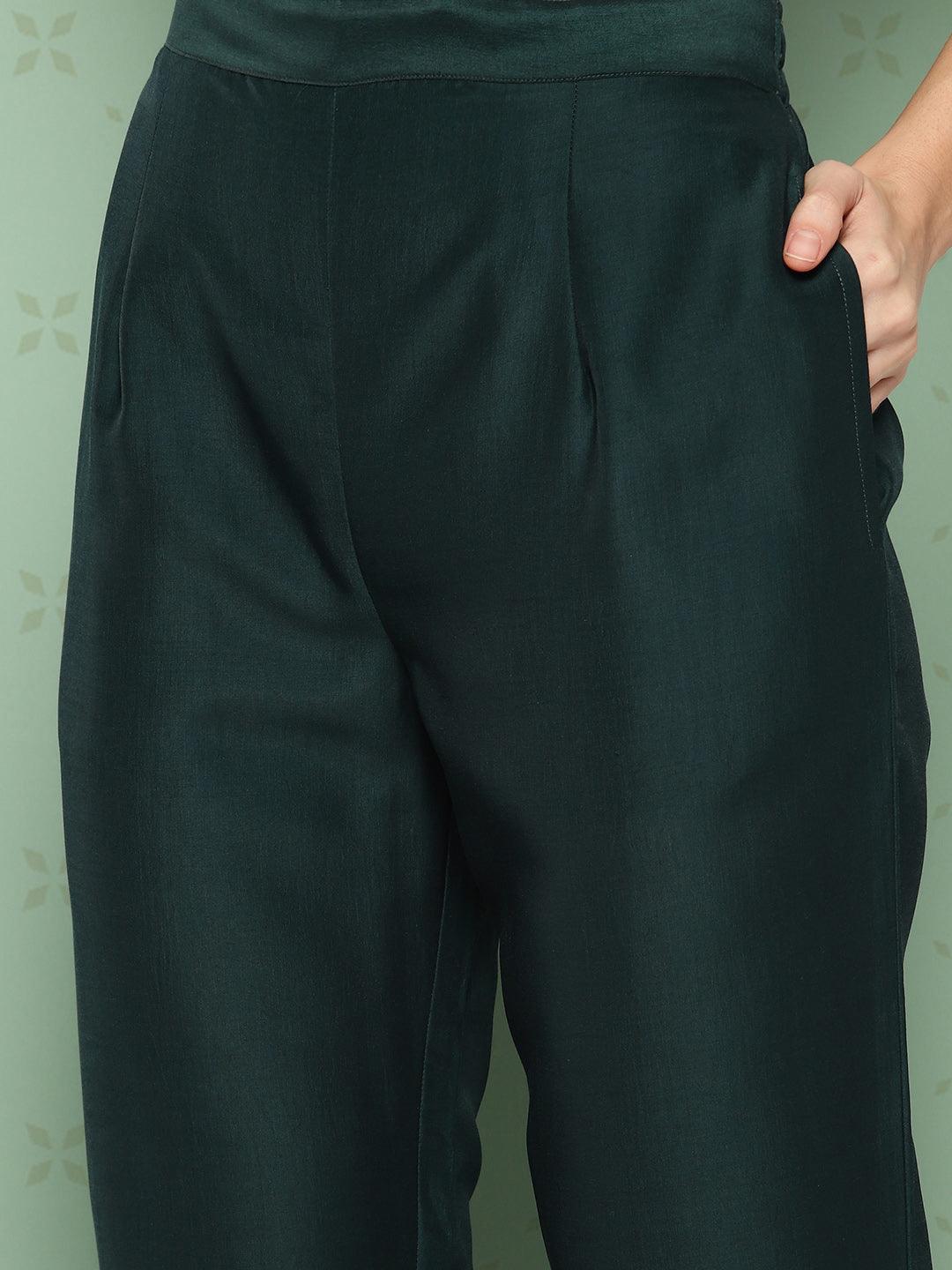 Green Printed Silk Straight Kurta With Trousers & Dupatta - Libas