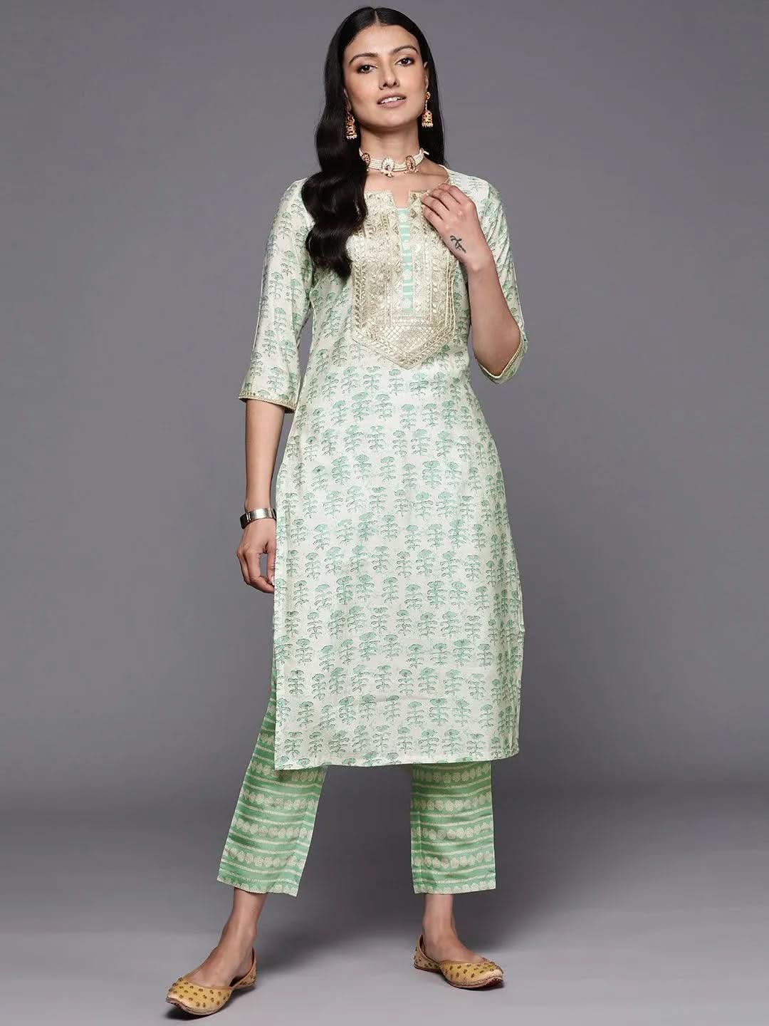 Green Printed Silk Straight Kurta Set With Trousers - Libas