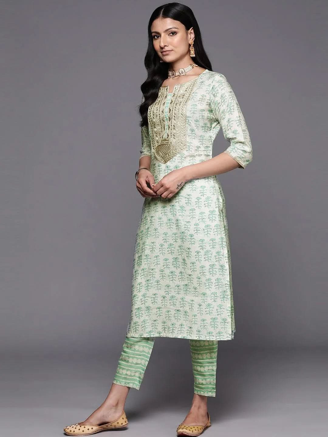 Green Printed Silk Straight Kurta Set With Trousers - Libas 