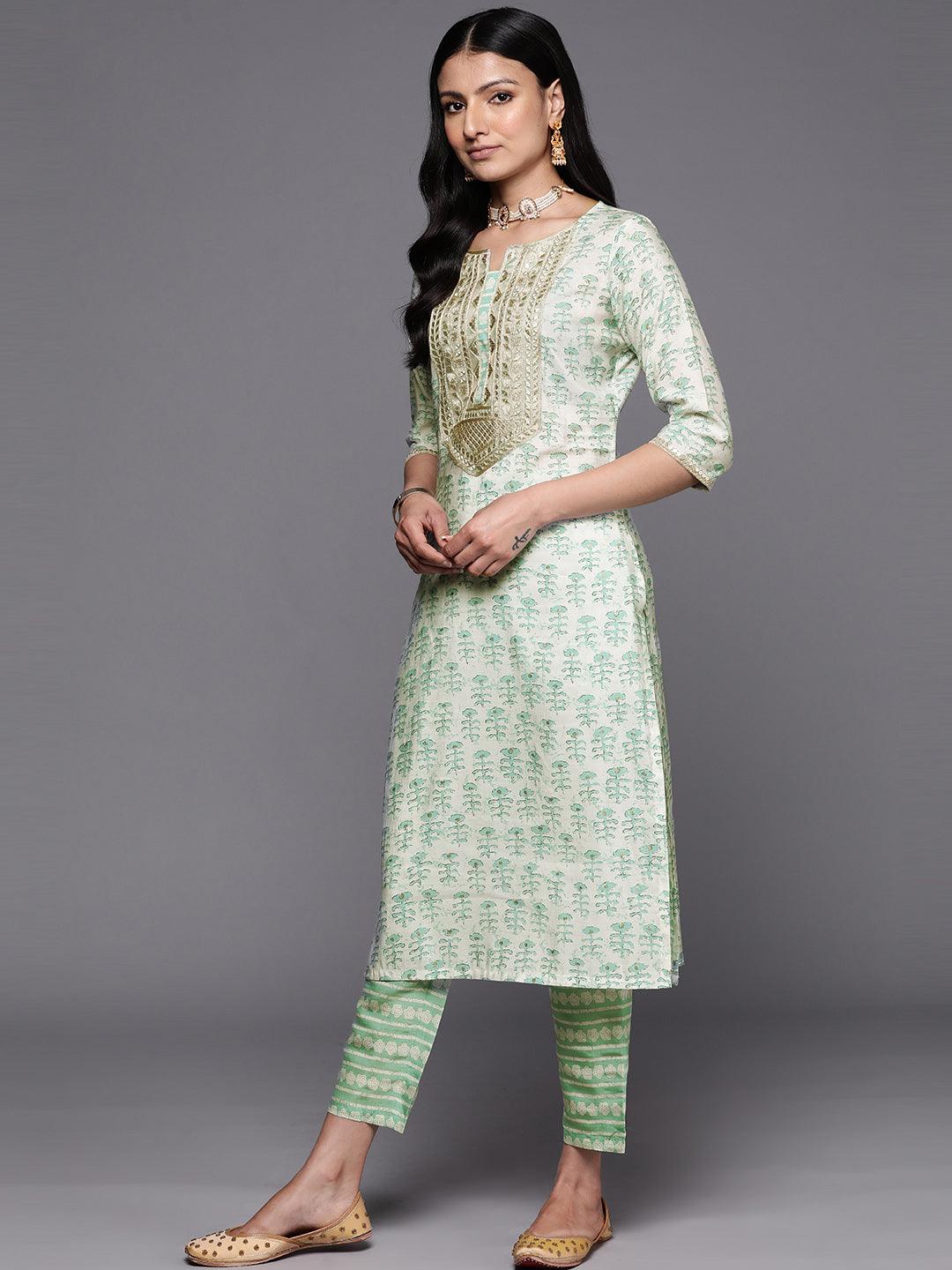 Green Printed Silk Straight Kurta Set With Trousers - Libas