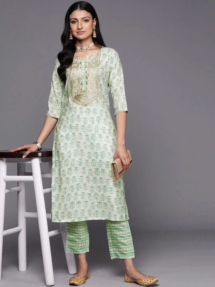 Green Printed Silk Straight Kurta Set With Trousers - Libas