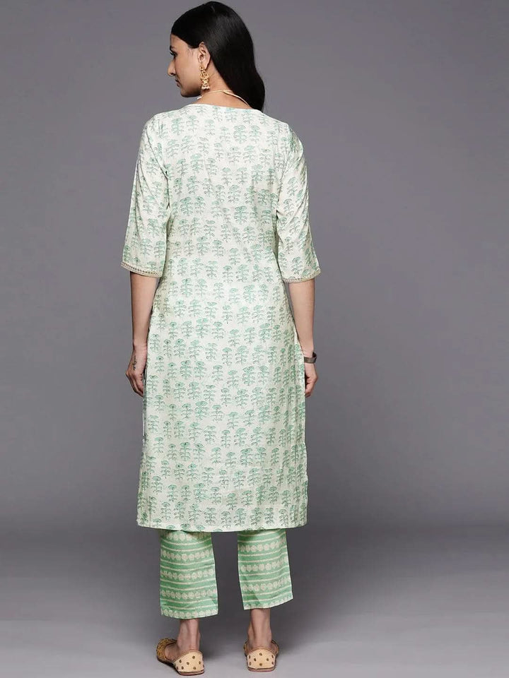 Green Printed Silk Straight Kurta Set With Trousers - Libas