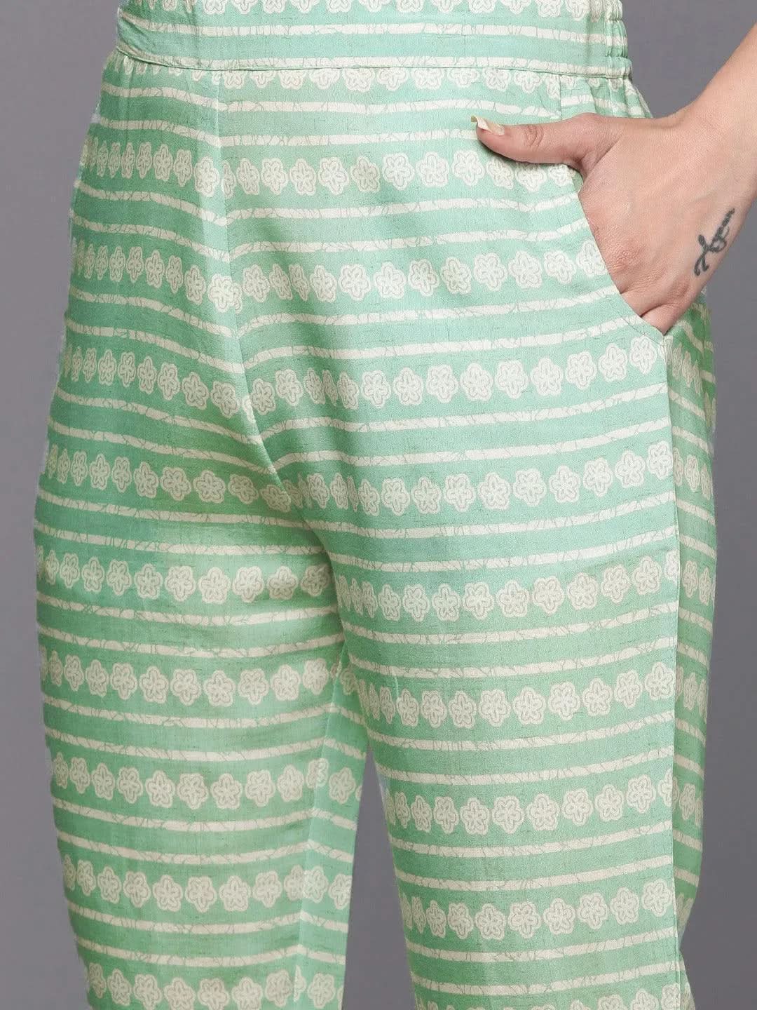 Green Printed Silk Straight Kurta Set With Trousers - Libas 