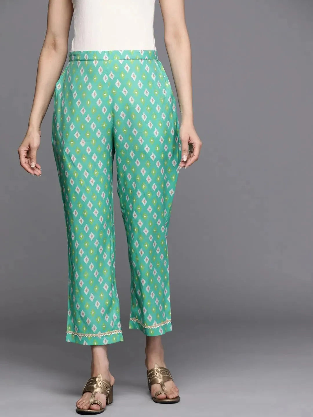 Green Printed Silk Trousers - Libas