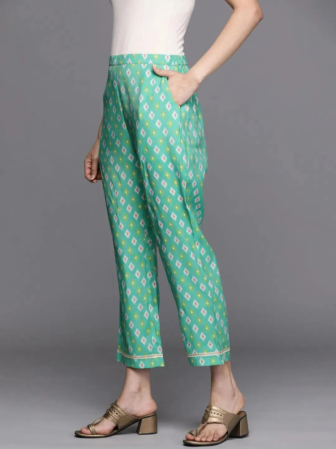 Green Printed Silk Trousers - Libas 