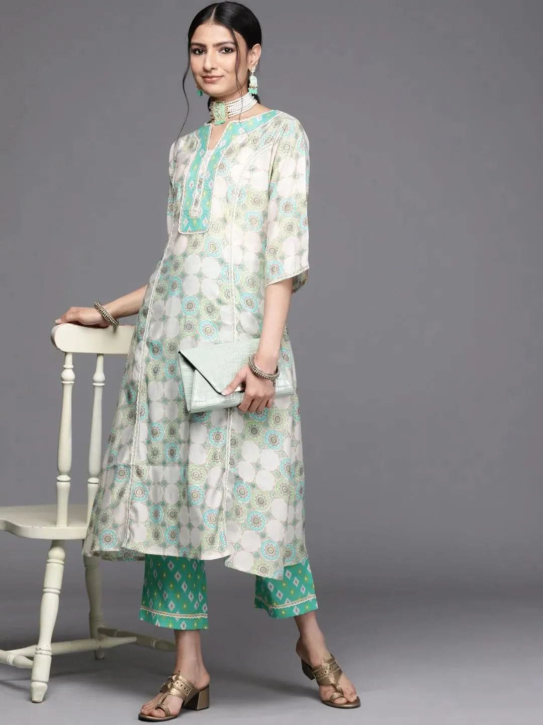 

Green Printed Silk Trousers