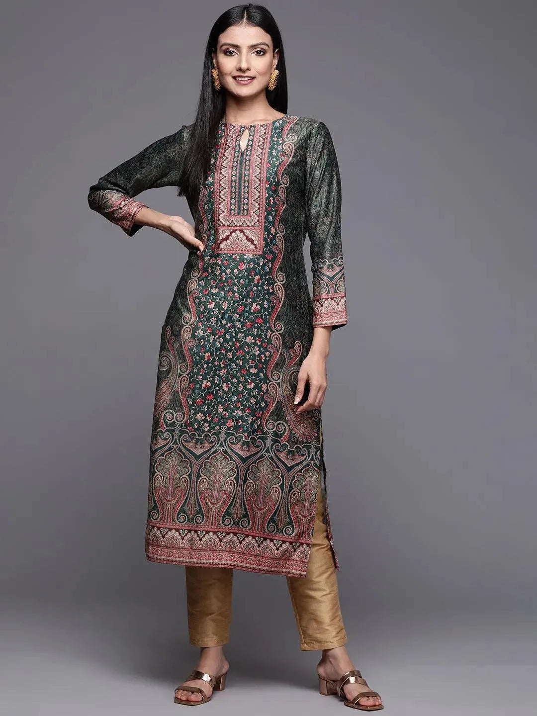 Green Printed Velvet Straight Kurta - Libas