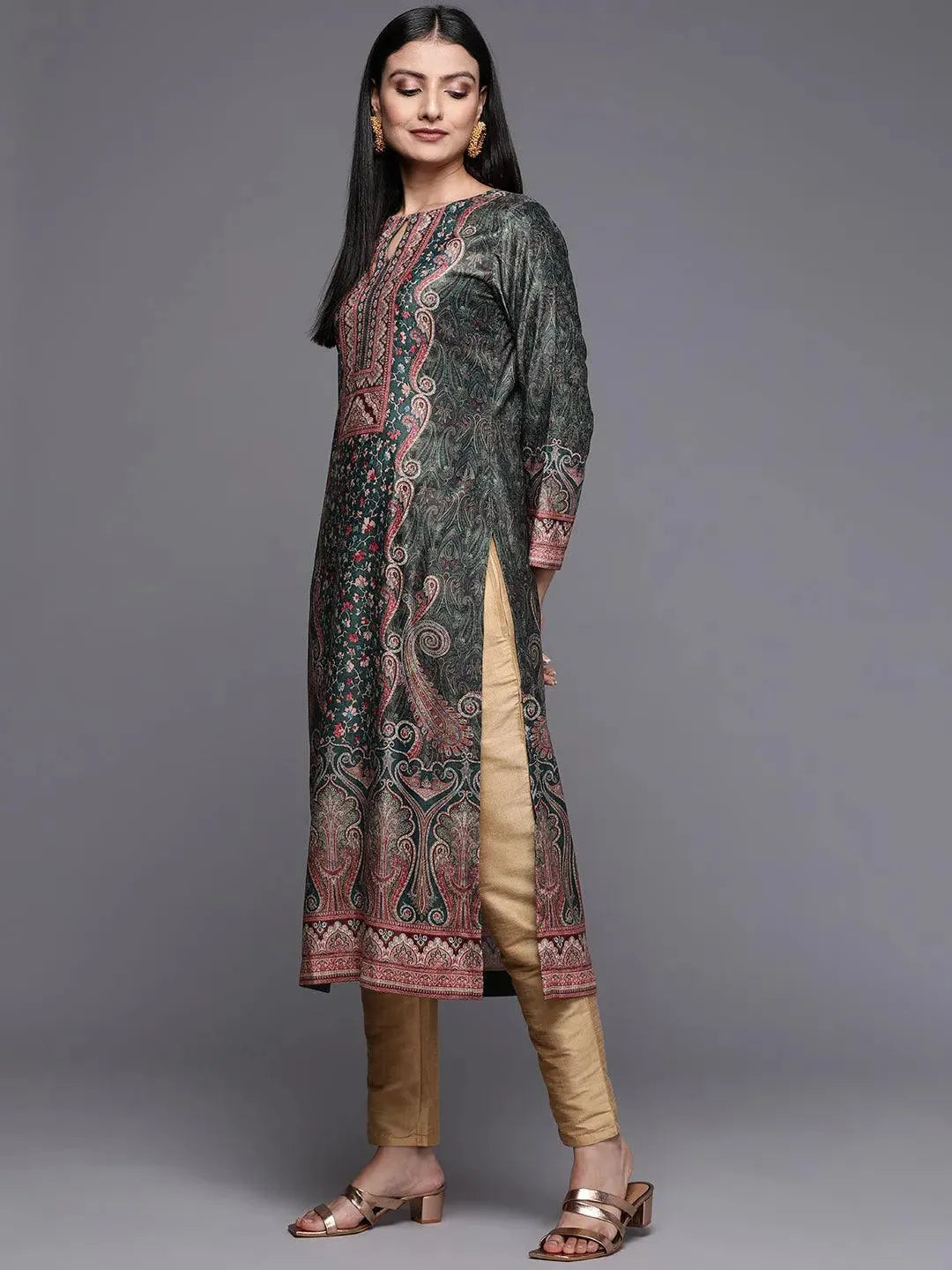 Green Printed Velvet Straight Kurta - Libas