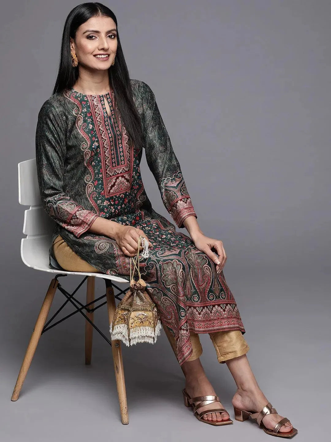 Green Printed Velvet Straight Kurta - Libas