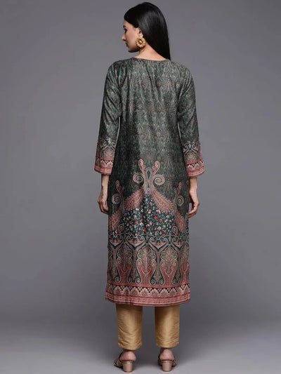 Green Printed Velvet Straight Kurta - Libas