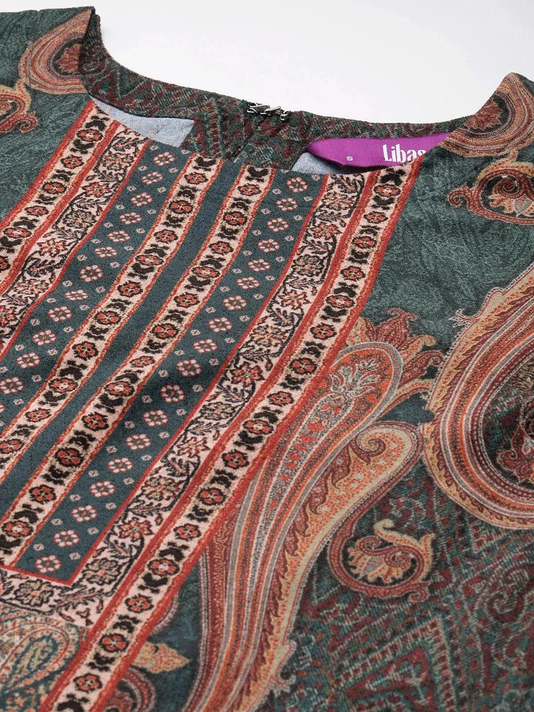 Green Printed Velvet Straight Kurta - Libas 