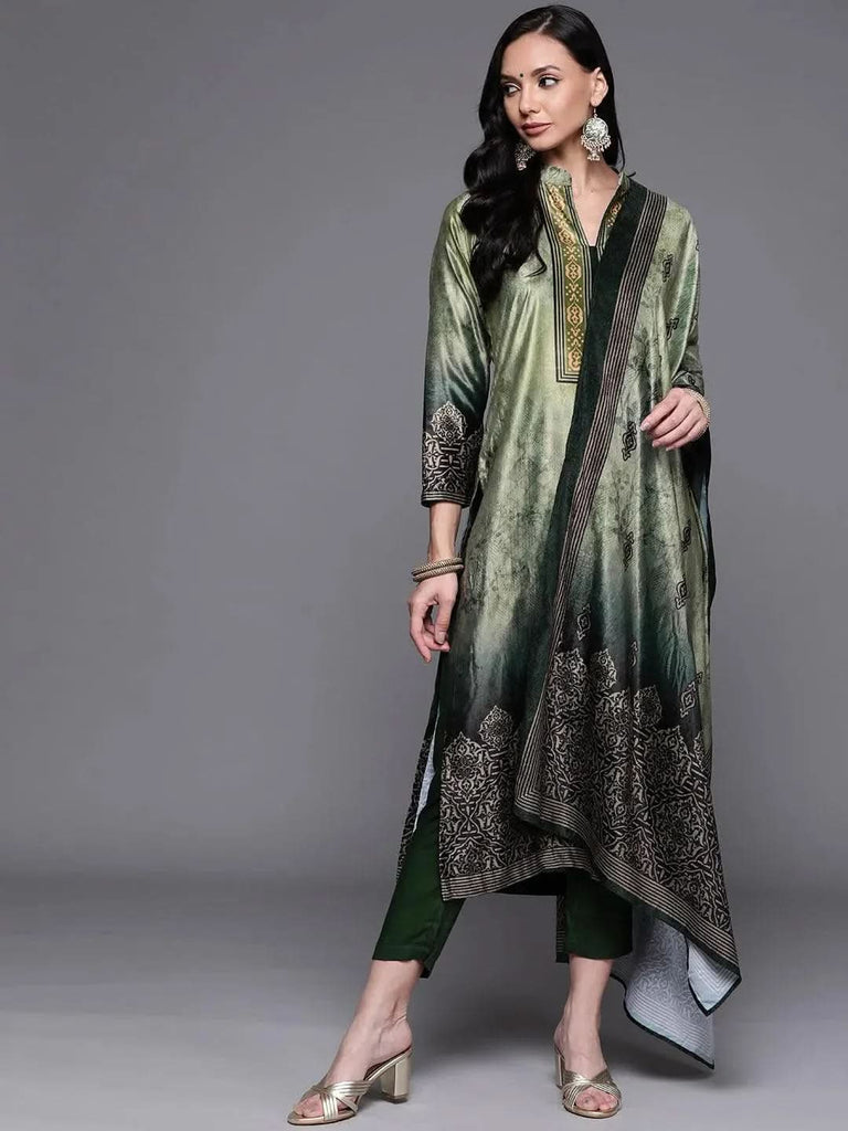 Libas Green Printed Velvet Straight Kurta With Dupatta