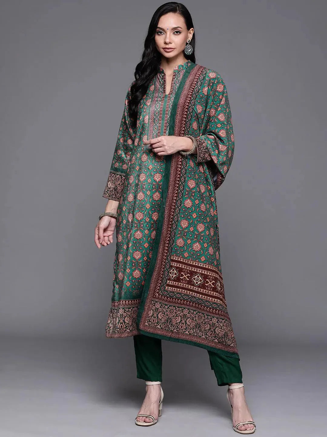 Green Printed Velvet Suit Set - Libas