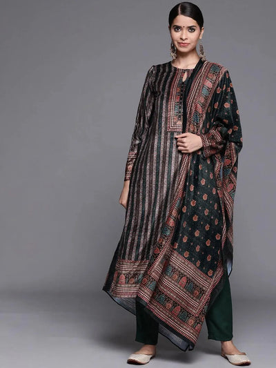 Green Printed Velvet Suit Set - Libas