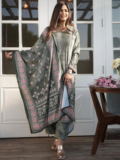 Green Printed Velvet Straight Suit Set - Libas