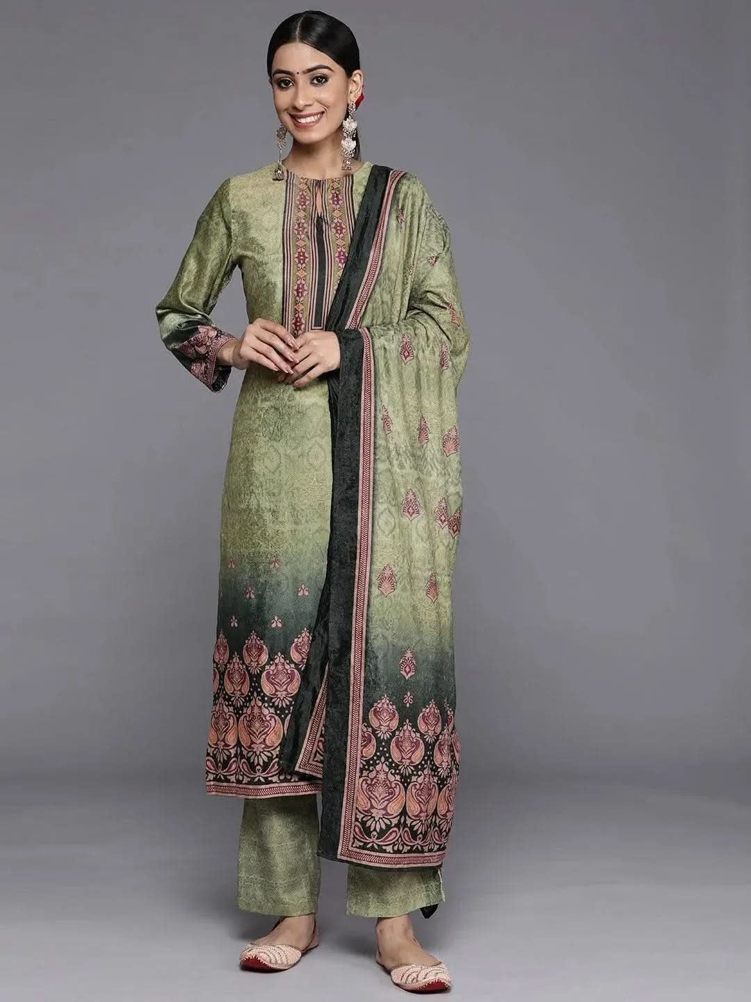 

Green Printed Velvet Straight Kurta With Dupatta