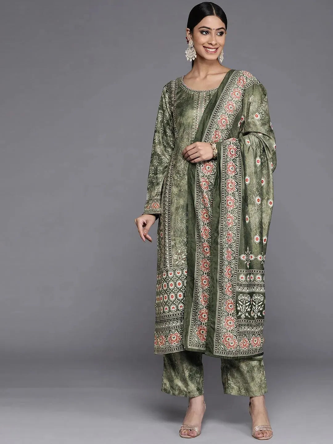 Green Printed Velvet Straight Kurta With Dupatta - Libas