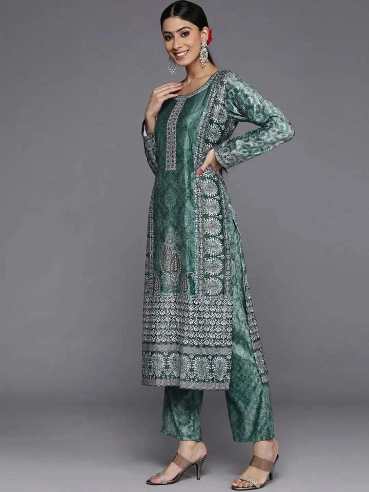 Green Printed Velvet Straight Suit Set With Trousers - Libas
