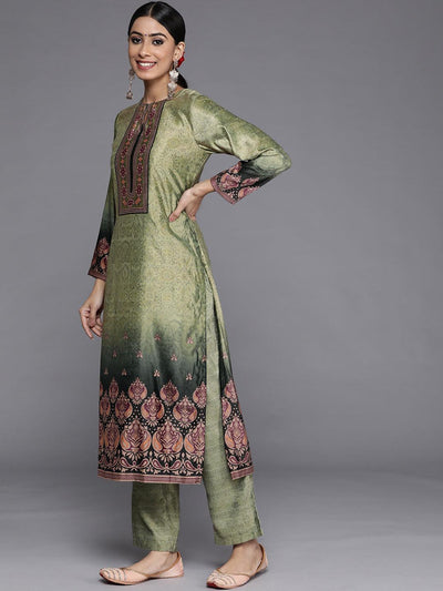 Green Printed Velvet Straight Suit Set With Trousers - Libas