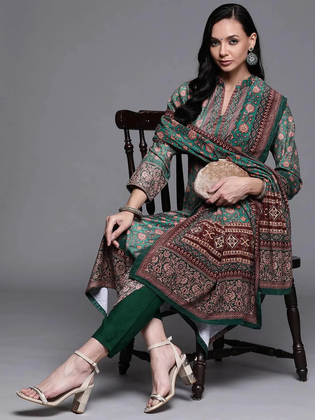 Green Printed Velvet Suit Set - Libas