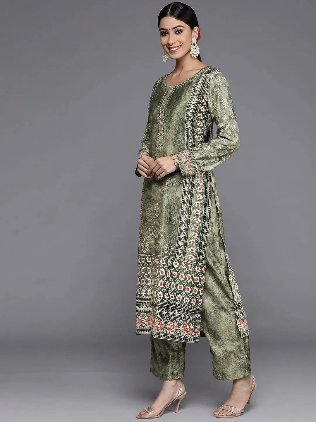 Green Printed Velvet Straight Kurta With Dupatta - Libas