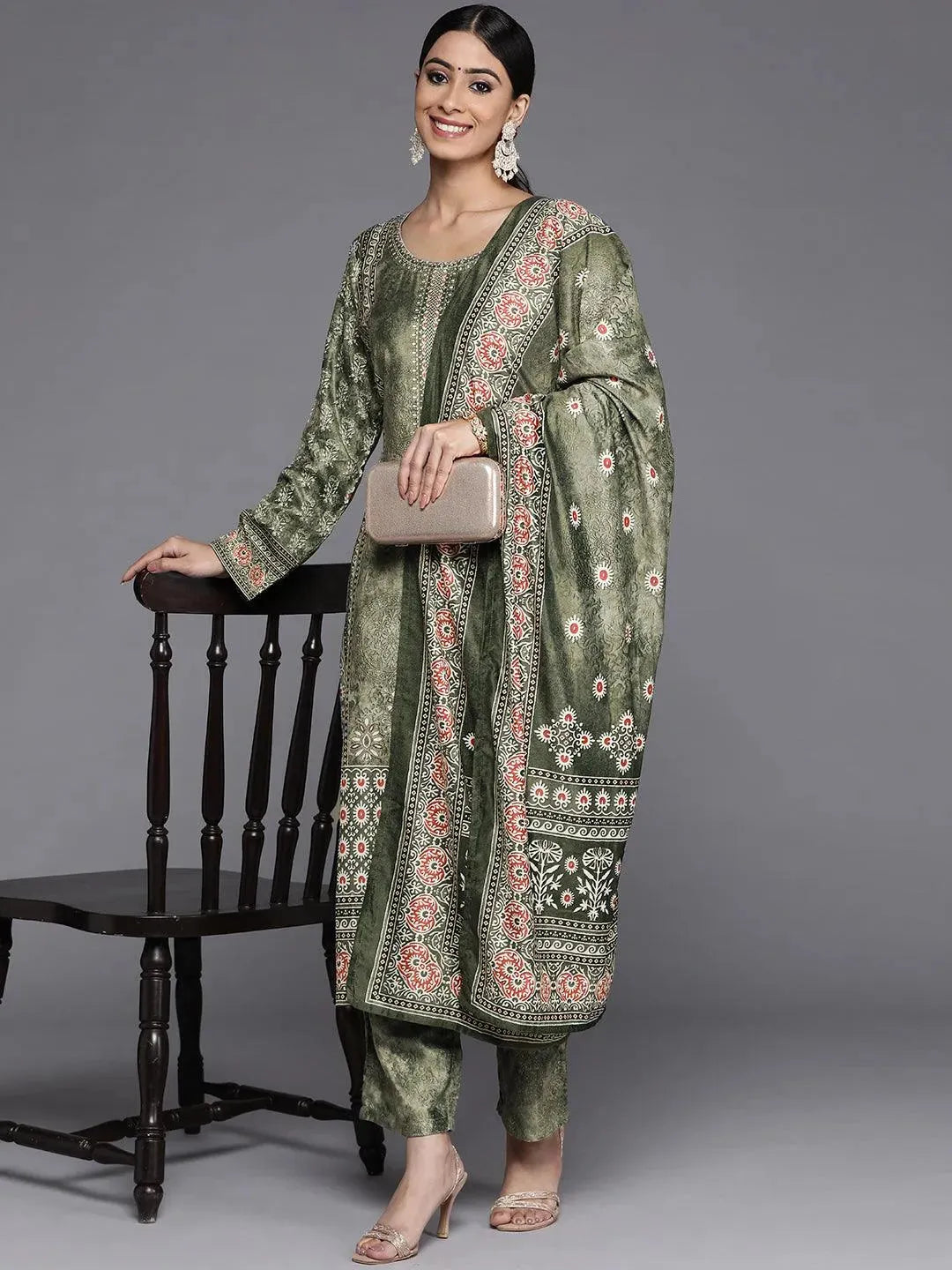 Green Printed Velvet Straight Suit Set - Libas
