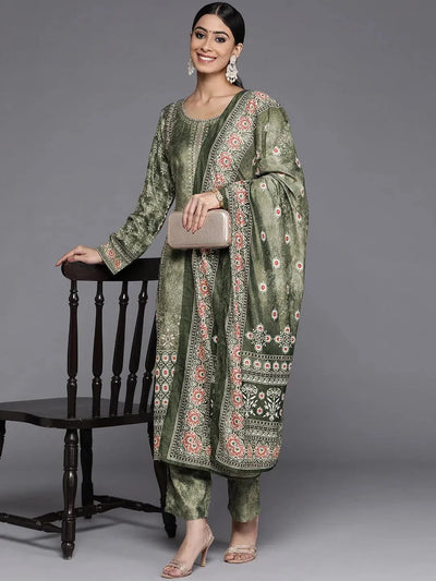 Green Printed Velvet Straight Suit Set - Libas