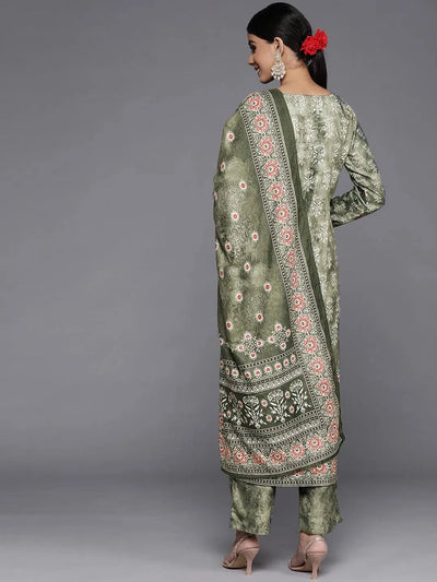Green Printed Velvet Straight Suit Set - Libas