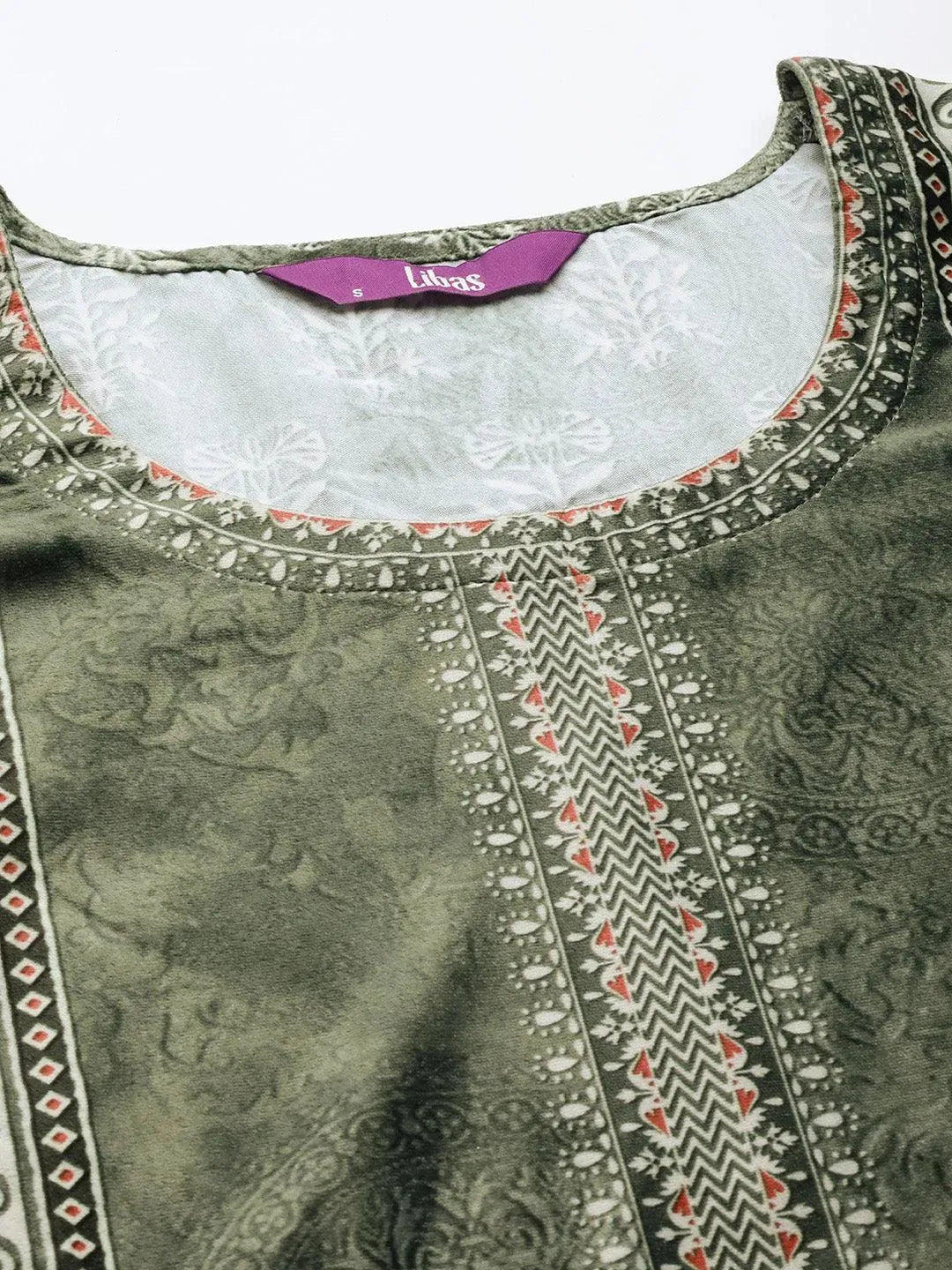 Green Printed Velvet Straight Kurta With Dupatta - Libas 