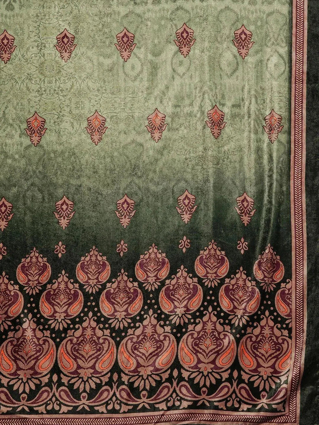 Green Printed Velvet Straight Suit Set With Trousers - Libas 