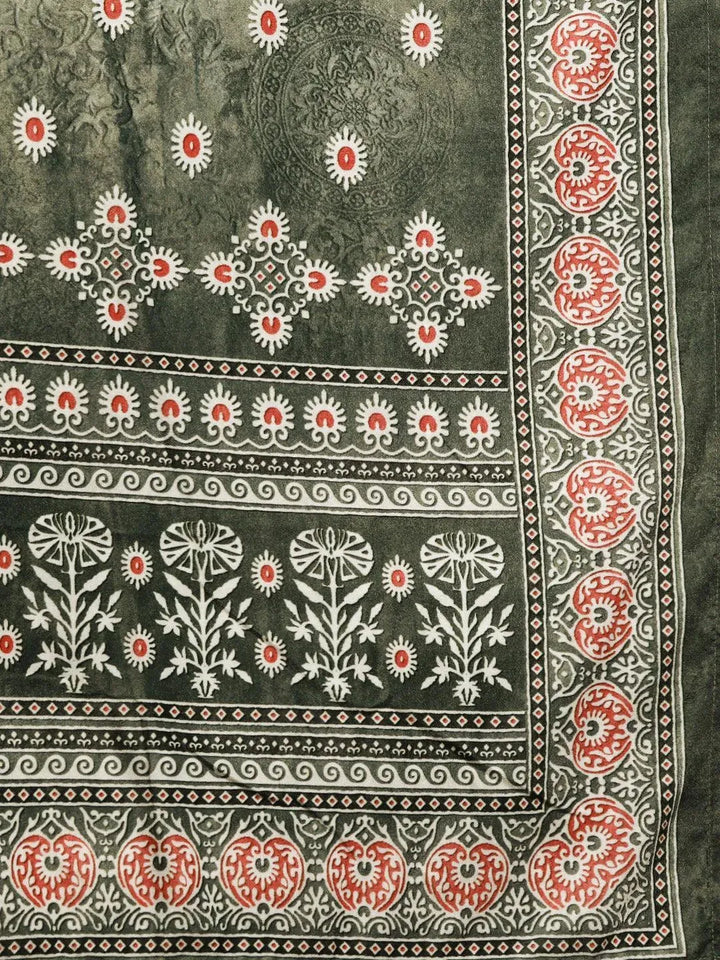 Green Printed Velvet Straight Kurta With Dupatta - Libas